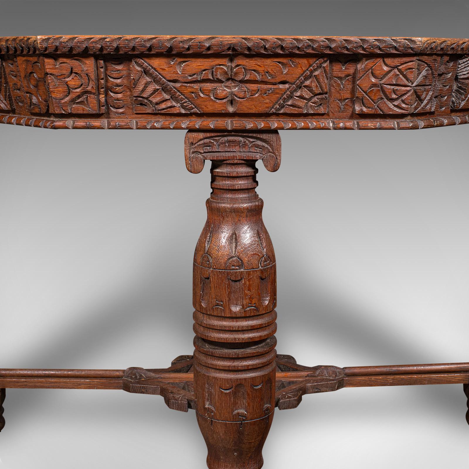 Antique Octagonal Centre Table, Scottish Oak, 4 Seat, Gothic Revival, Victorian For Sale 4