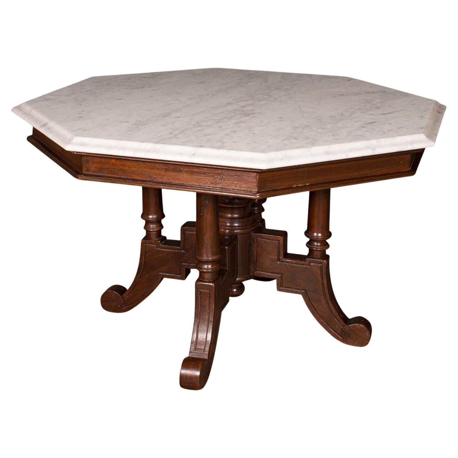 Ancienne table basse octogonale anglaise, marbre de Carrare, décorative, victorienne