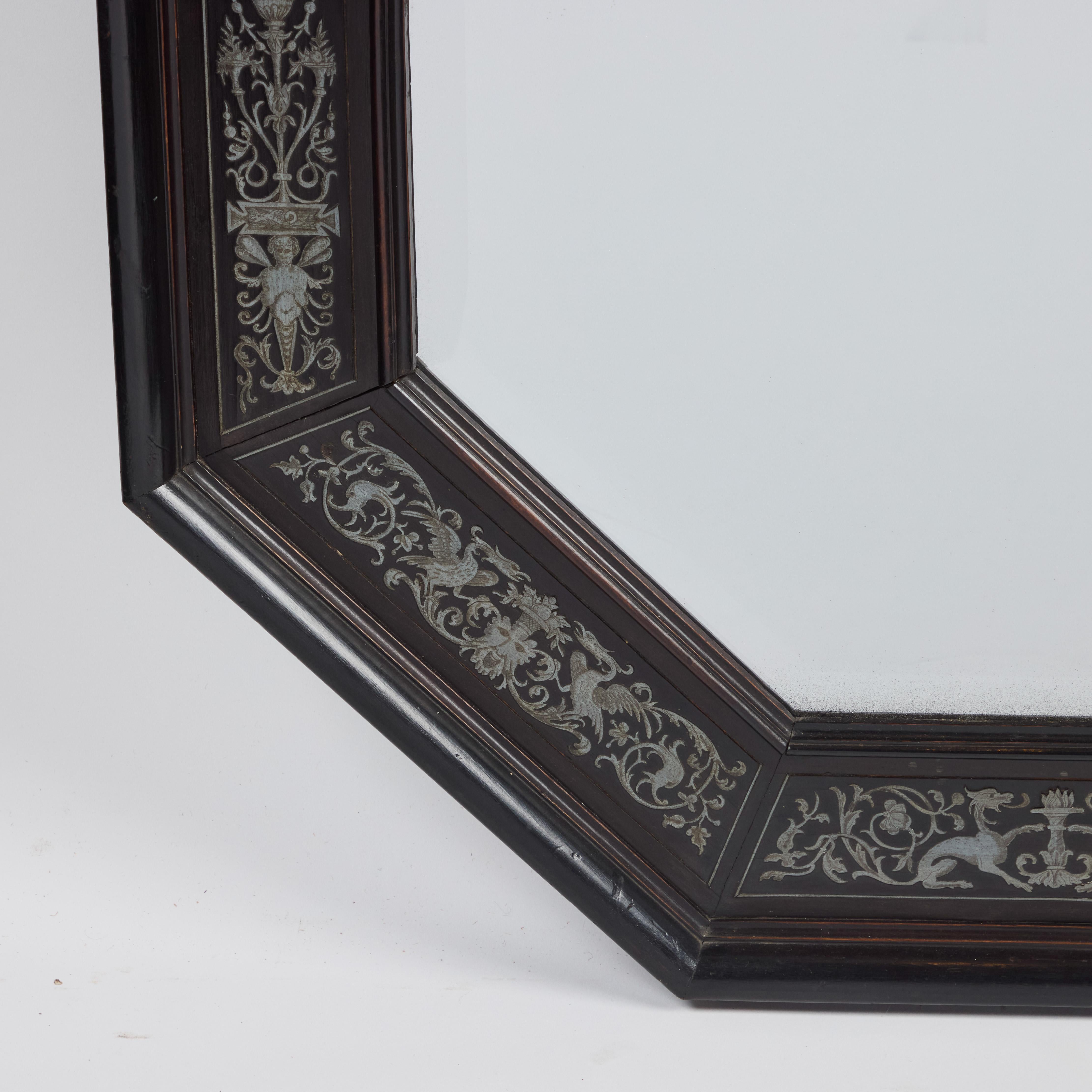 Antiguo Marco Octogonal de Espejo Ebonizado con Incrustaciones de Acero en Bueno estado para la venta en Los Angeles, CA