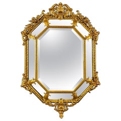 Antique Octagonal Mirror In Richly Carved Giltwood, Louis XV Style, 19th Century