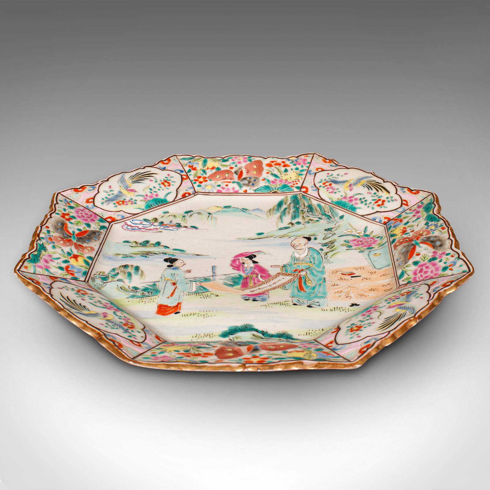 19th Century Antique Octagonal Serving Plate, Japanese, Ceramic, Decor, Charger, Victorian For Sale