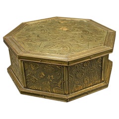 Antique Octagonal Sewing Box, English, Brass, Workbox, Relief Decor, Edwardian