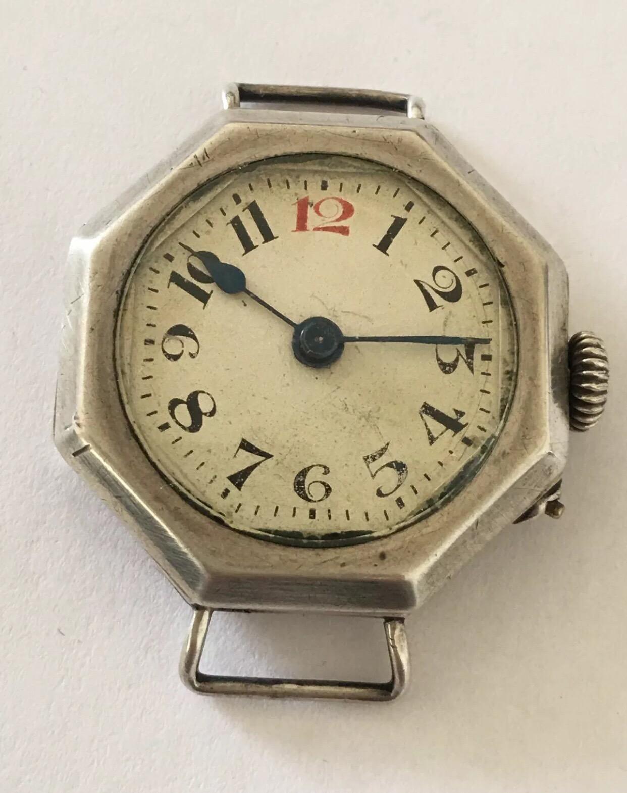 Antique Octagonal Shape Silver Case Trench Watch For Sale 4