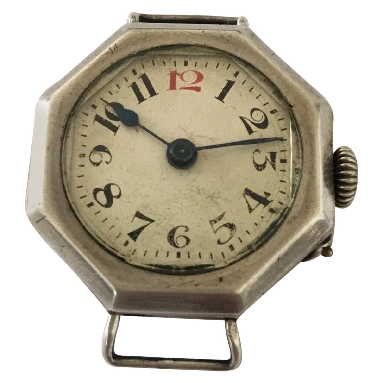 Antique Octagonal Shape Silver Case Trench Watch For Sale