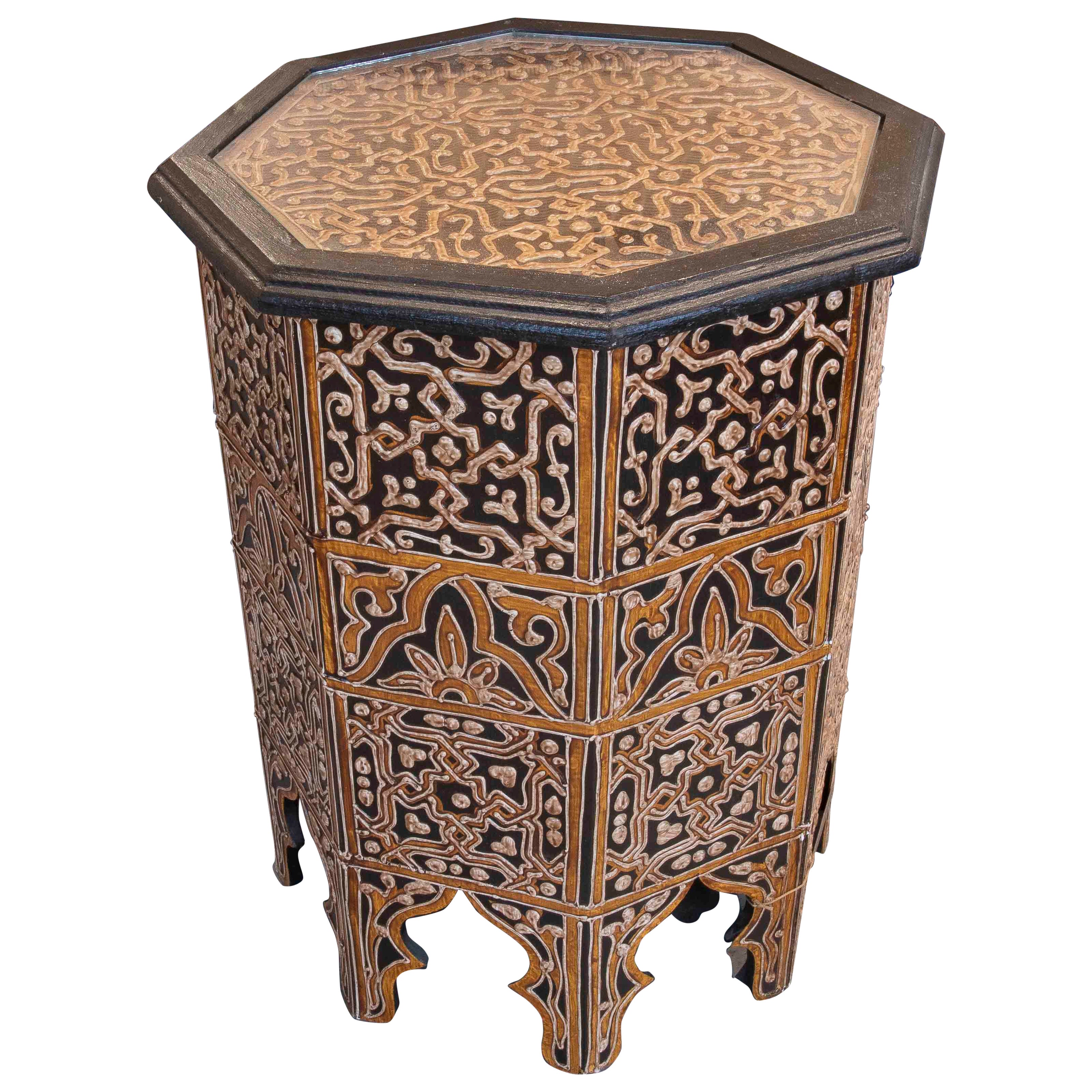 Antique Octagonal Side Table, Moorish Carving, Geometric Design, 1990