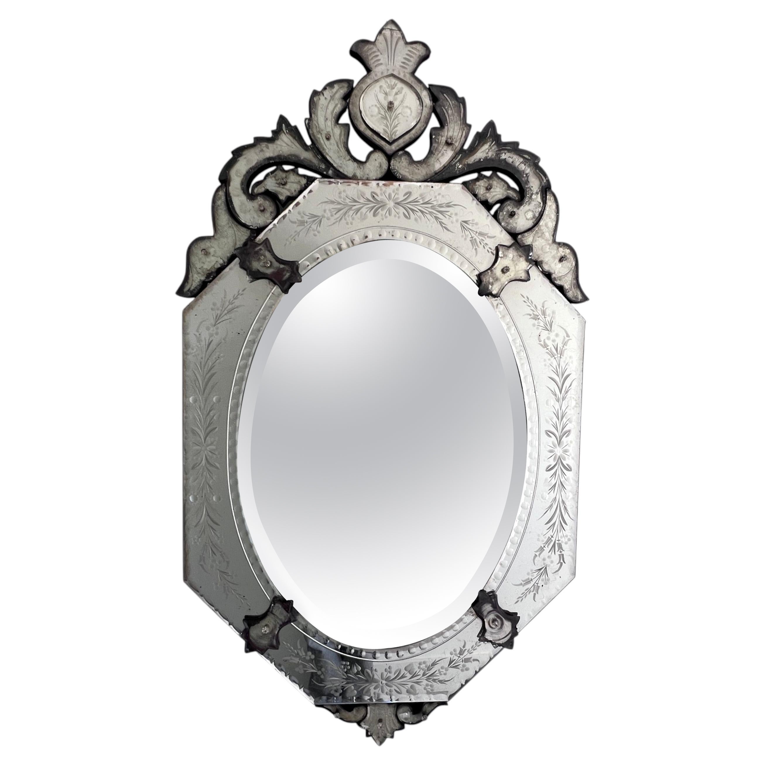 Antique Octagonal Venetian‑Style Mirror With Etched Floral Decoration