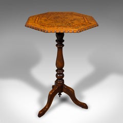 Antique Octagonal Wine Table, English, Burr Walnut, Lamp, Occasional, Victorian