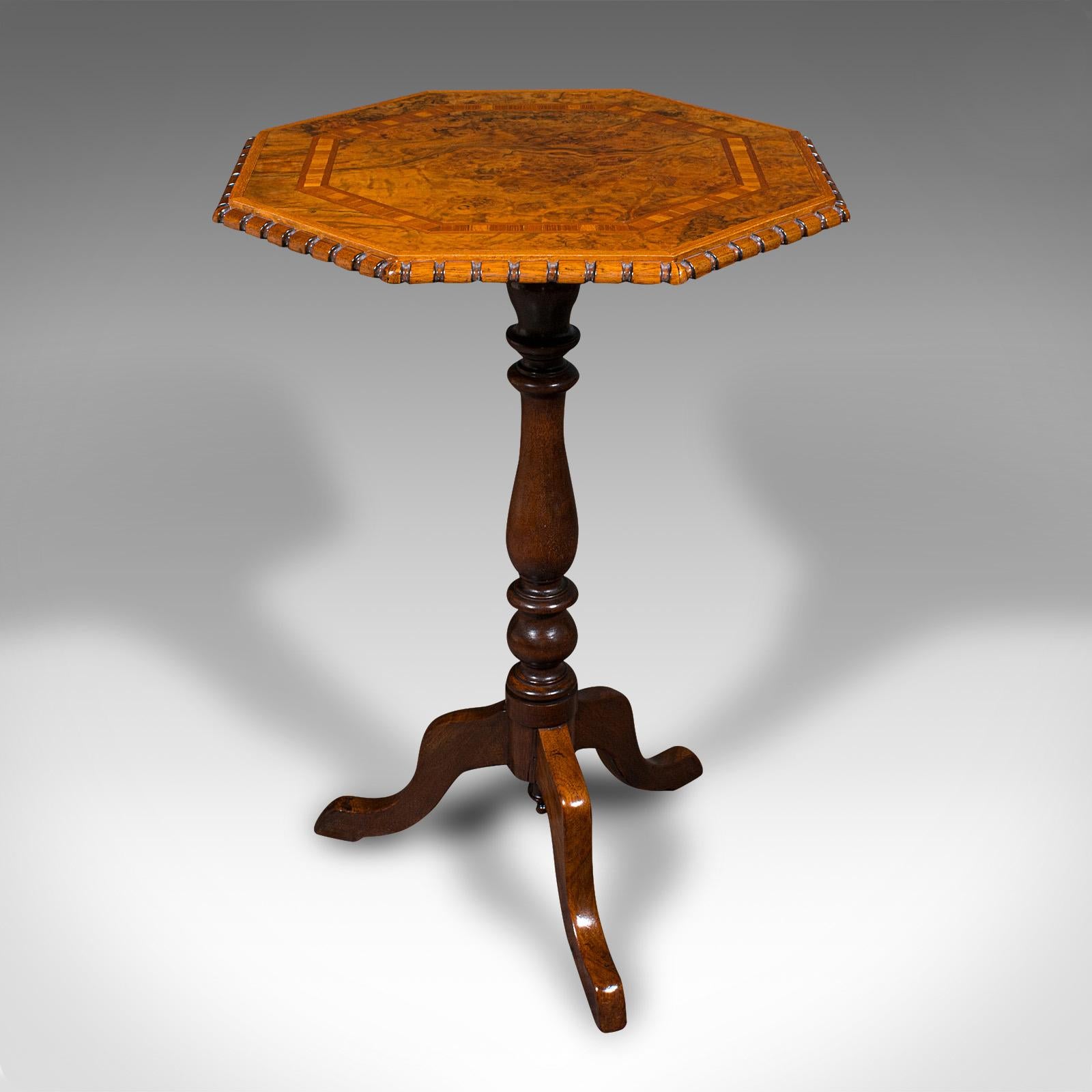 British Antique Octagonal Wine Table, English, Burr Walnut, Lamp, Occasional, Victorian For Sale