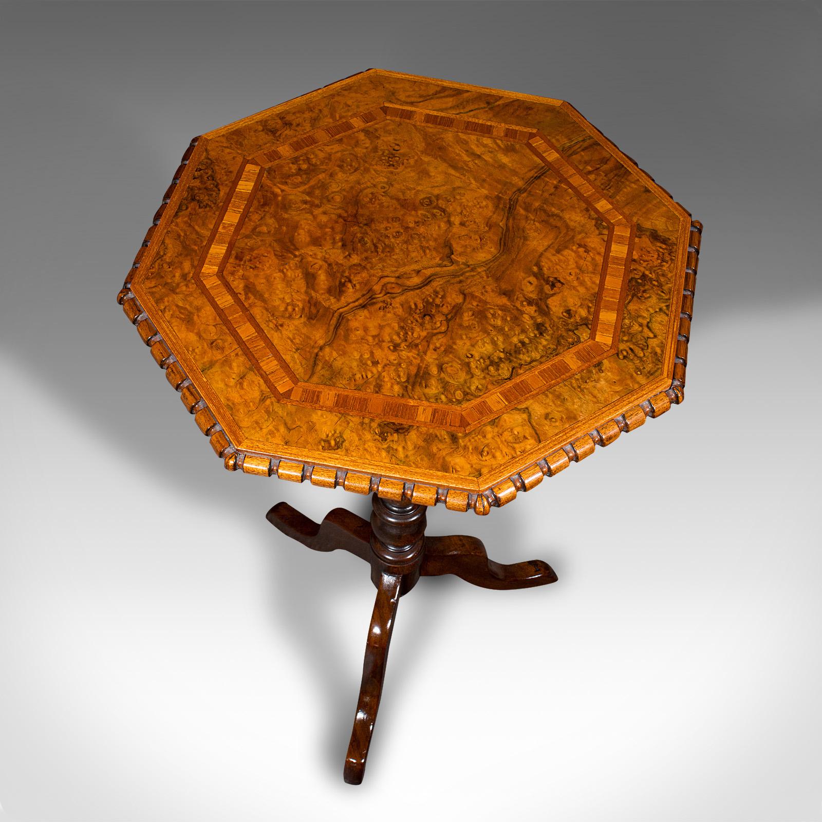 19th Century Antique Octagonal Wine Table, English, Burr Walnut, Lamp, Occasional, Victorian For Sale