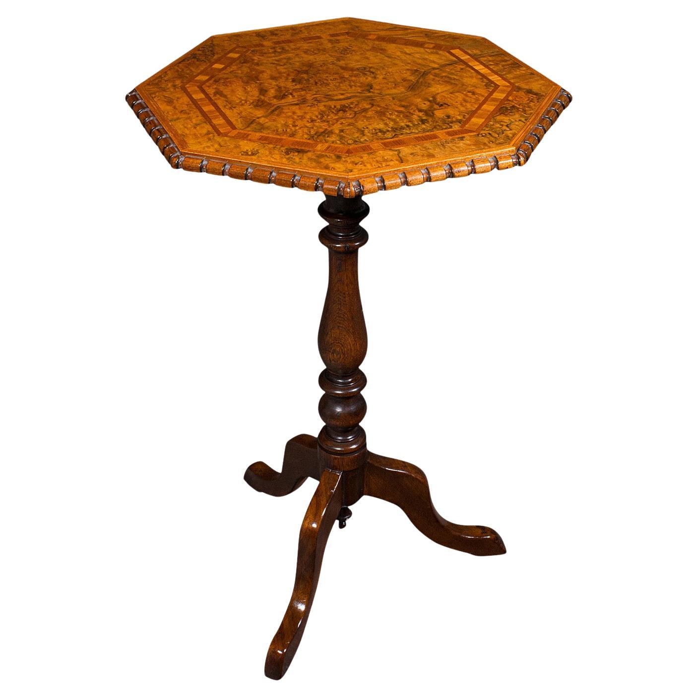 Antiker achteckiger Weintisch, englisch, Wurzelnussholz, Lampe, Beistelltisch, viktorianisch,