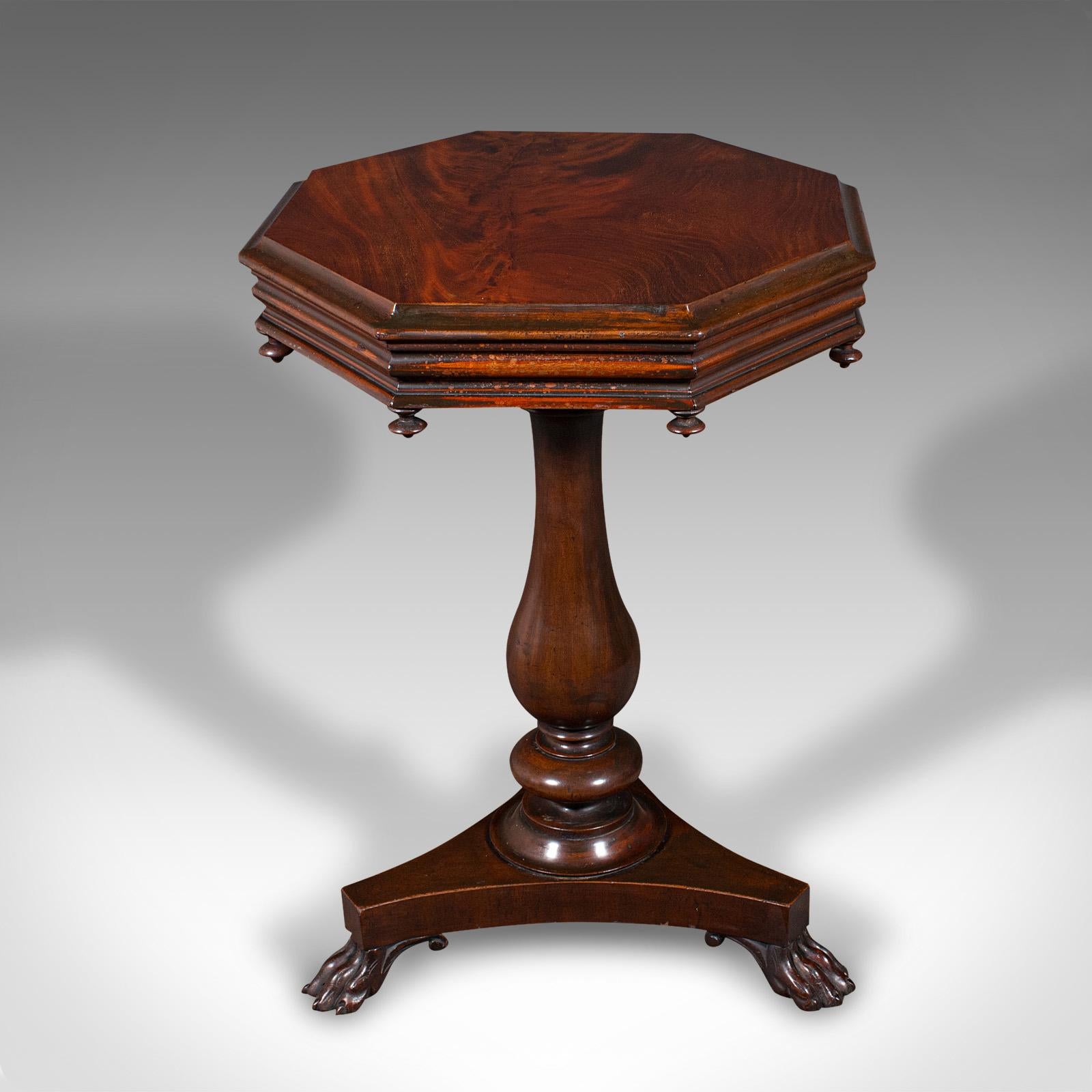 
This is an antique octagonal wine table. An English, flame mahogany lamp or side table, dating to the William IV period, circa 1835.

Beautifully figured piece, with similarly appealing colour
Displays a desirable aged patina and in good