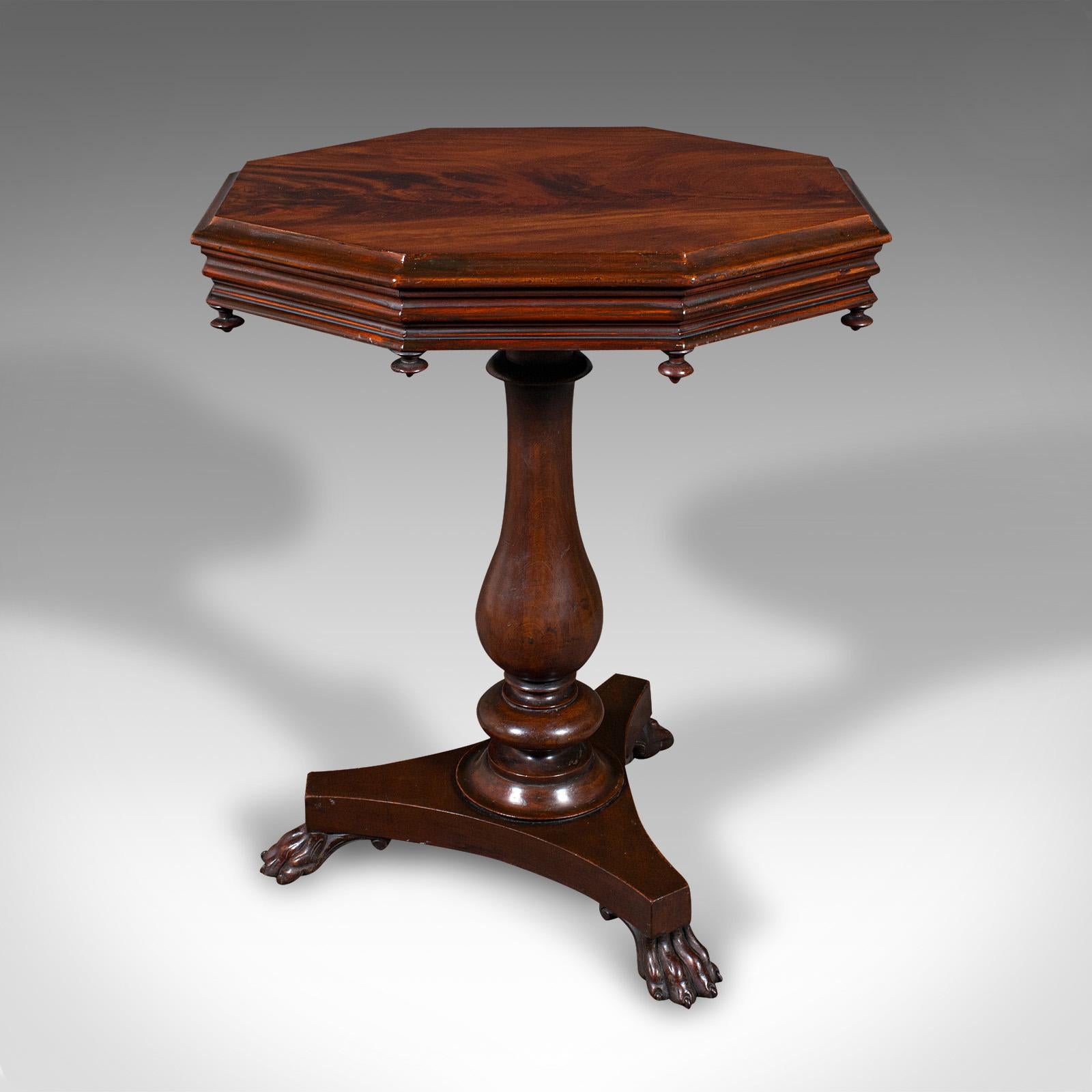 British Antique Octagonal Wine Table, English, Flame, Lamp, Side, William IV, Circa 1835 For Sale