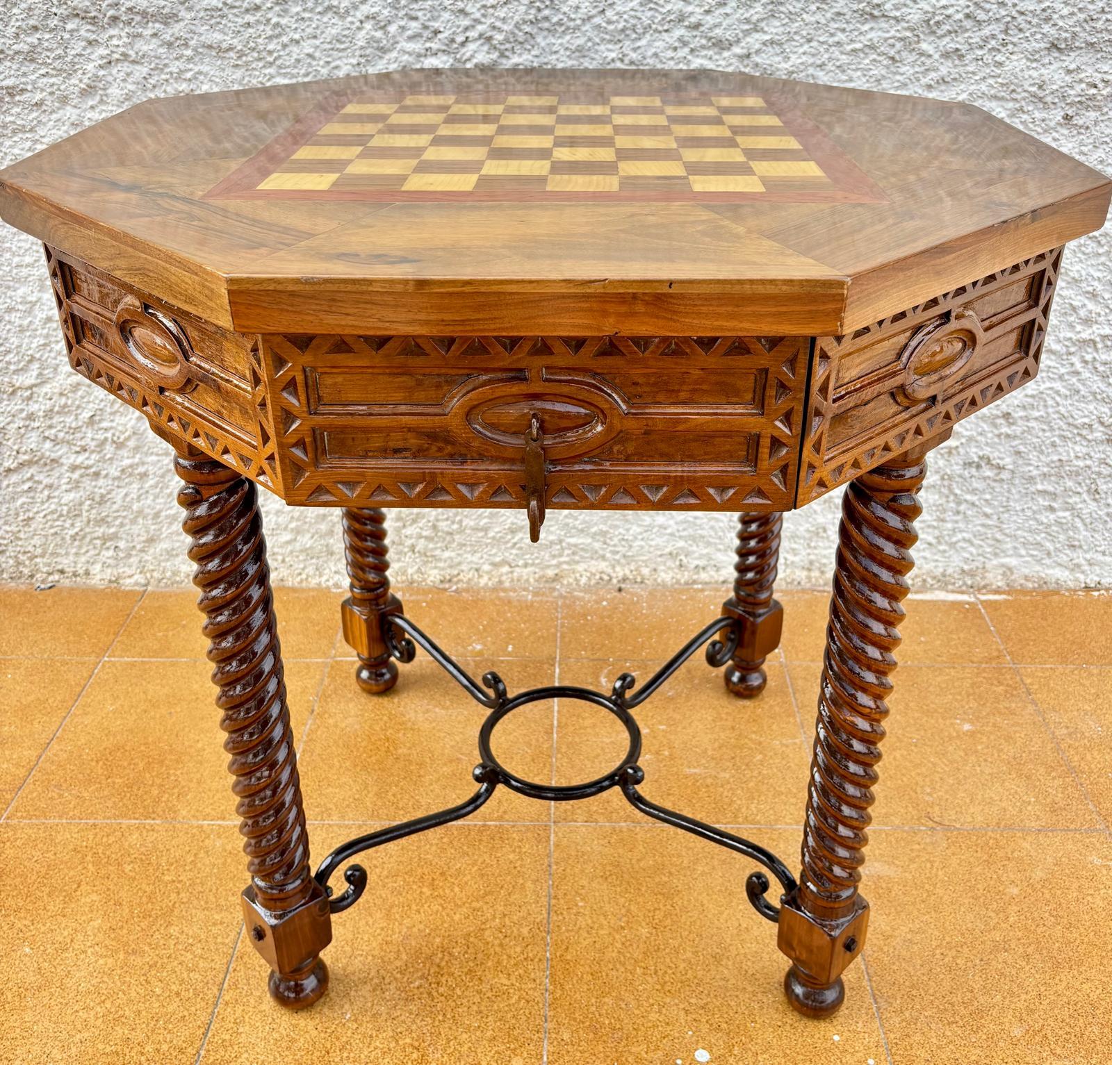 Antique Octogonal Burnt Oak Inlaid Games Table with Two Drawers and Turned Legs For Sale 3
