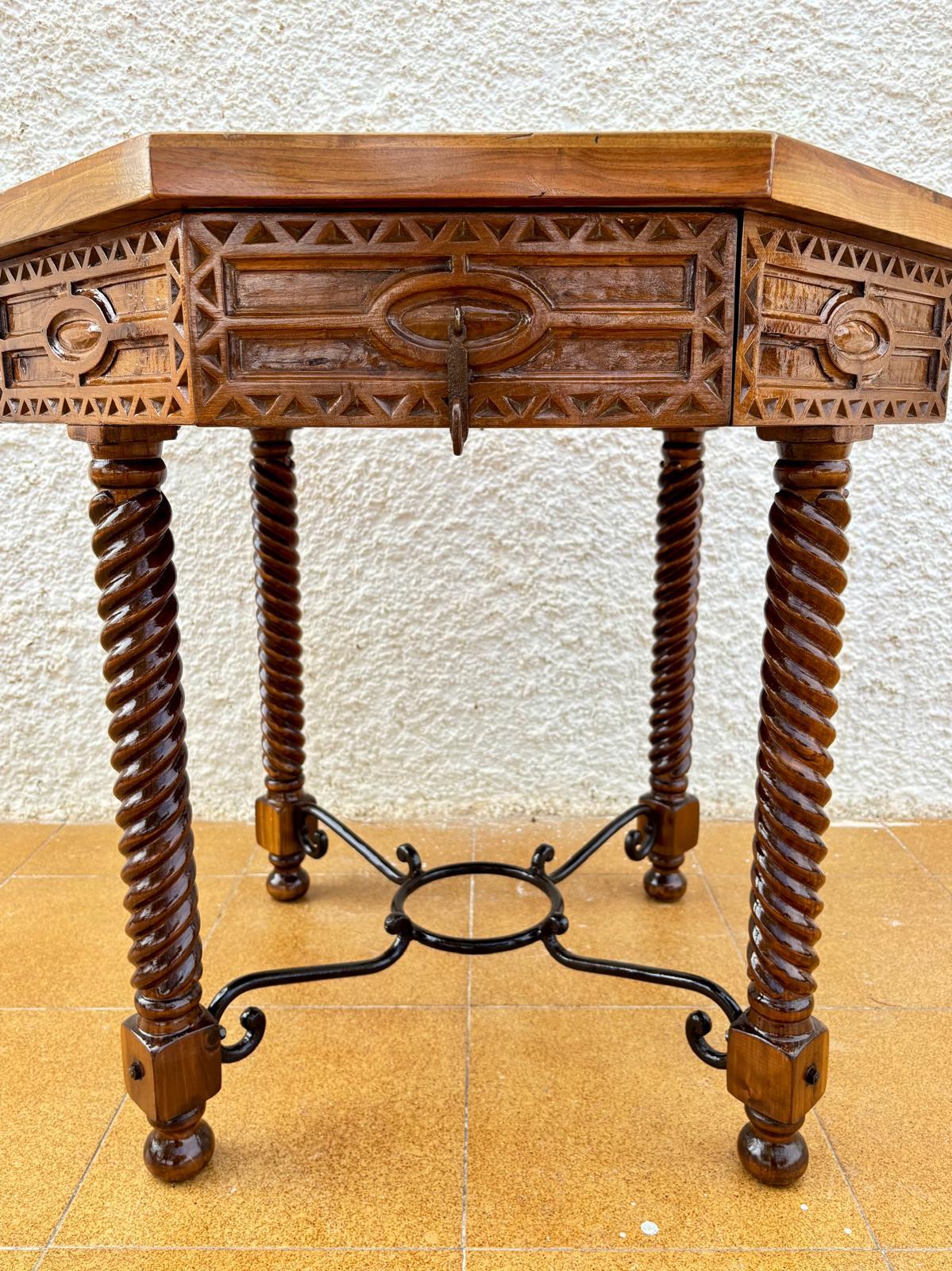 Antique Octogonal Burnt Oak Inlaid Games Table with Two Drawers and Turned Legs For Sale 4