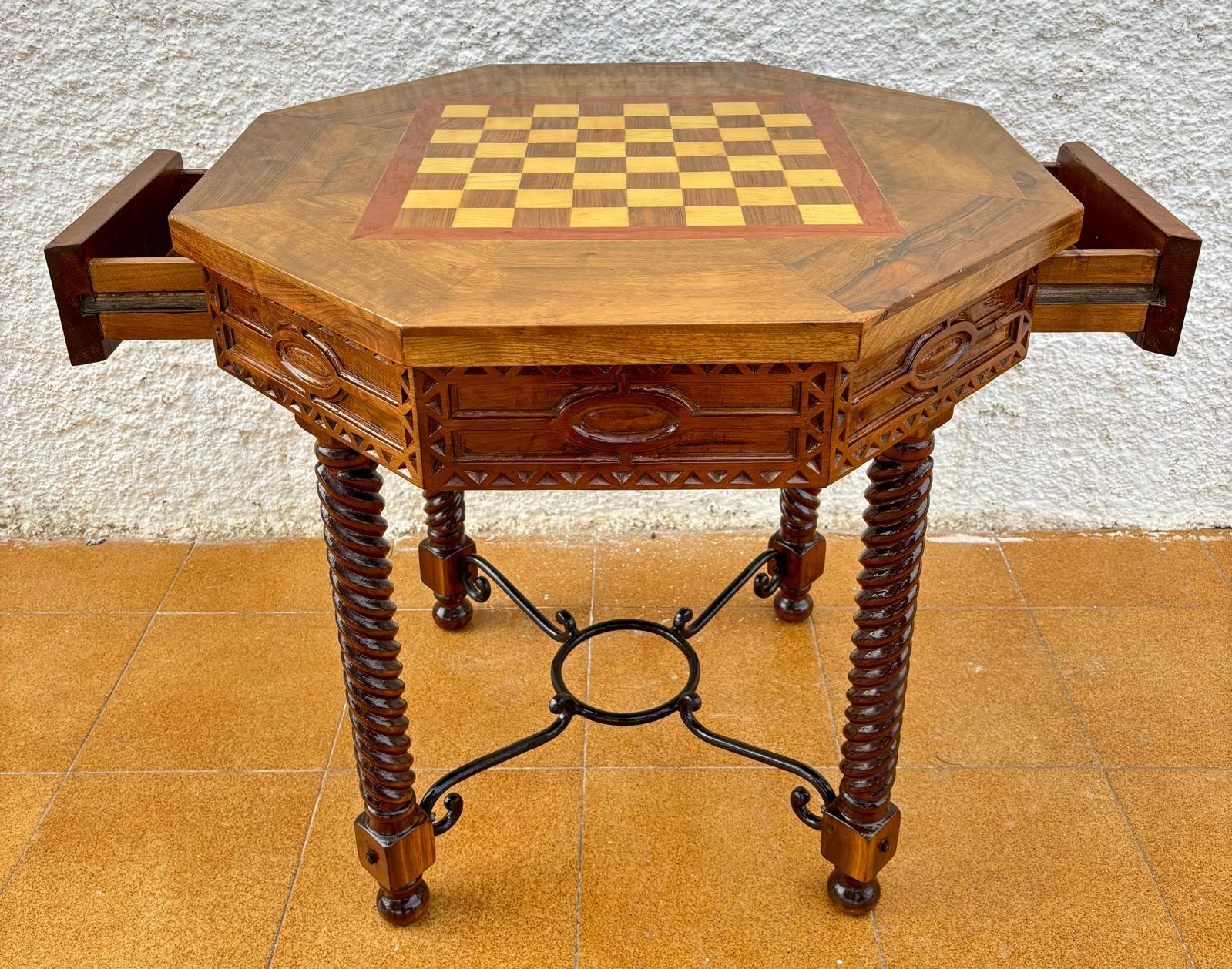 Antique Octogonal Burnt Oak Inlaid Games Table with Two Drawers and Turned Legs For Sale 5