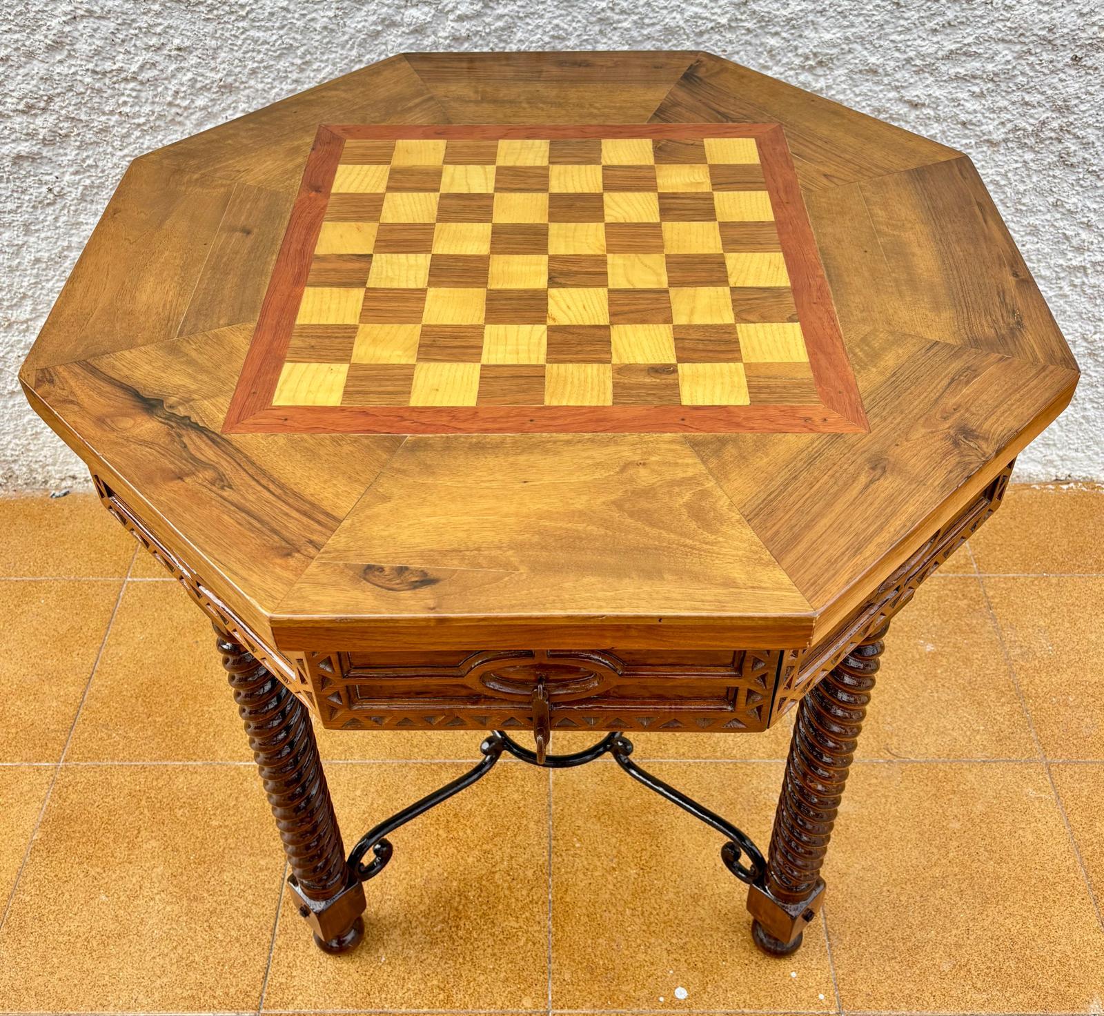 Antique Octogonal Burnt Oak Inlaid Games Table with Two Drawers and Turned Legs For Sale 6