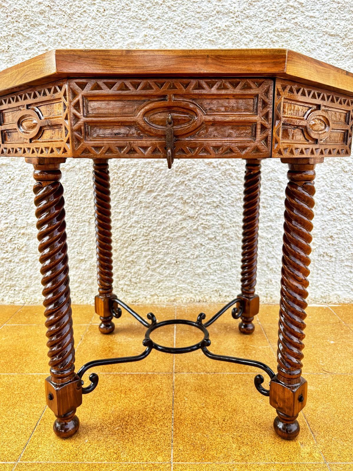 Antique Octogonal Burnt Oak Inlaid Games Table with Two Drawers and Turned Legs For Sale 8