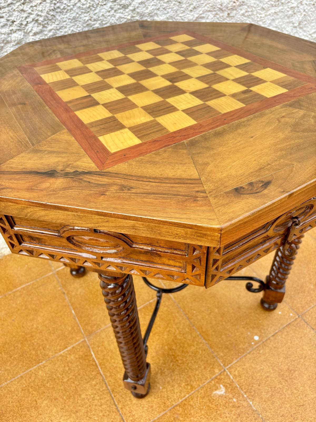 Antique Octogonal Burnt Oak Inlaid Games Table with Two Drawers and Turned Legs For Sale 9