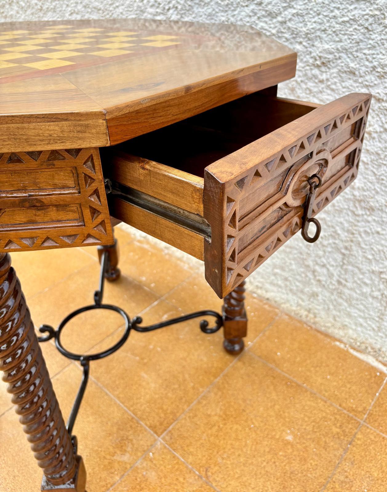 Antique Octogonal Burnt Oak Inlaid Games Table with Two Drawers and Turned Legs For Sale 10