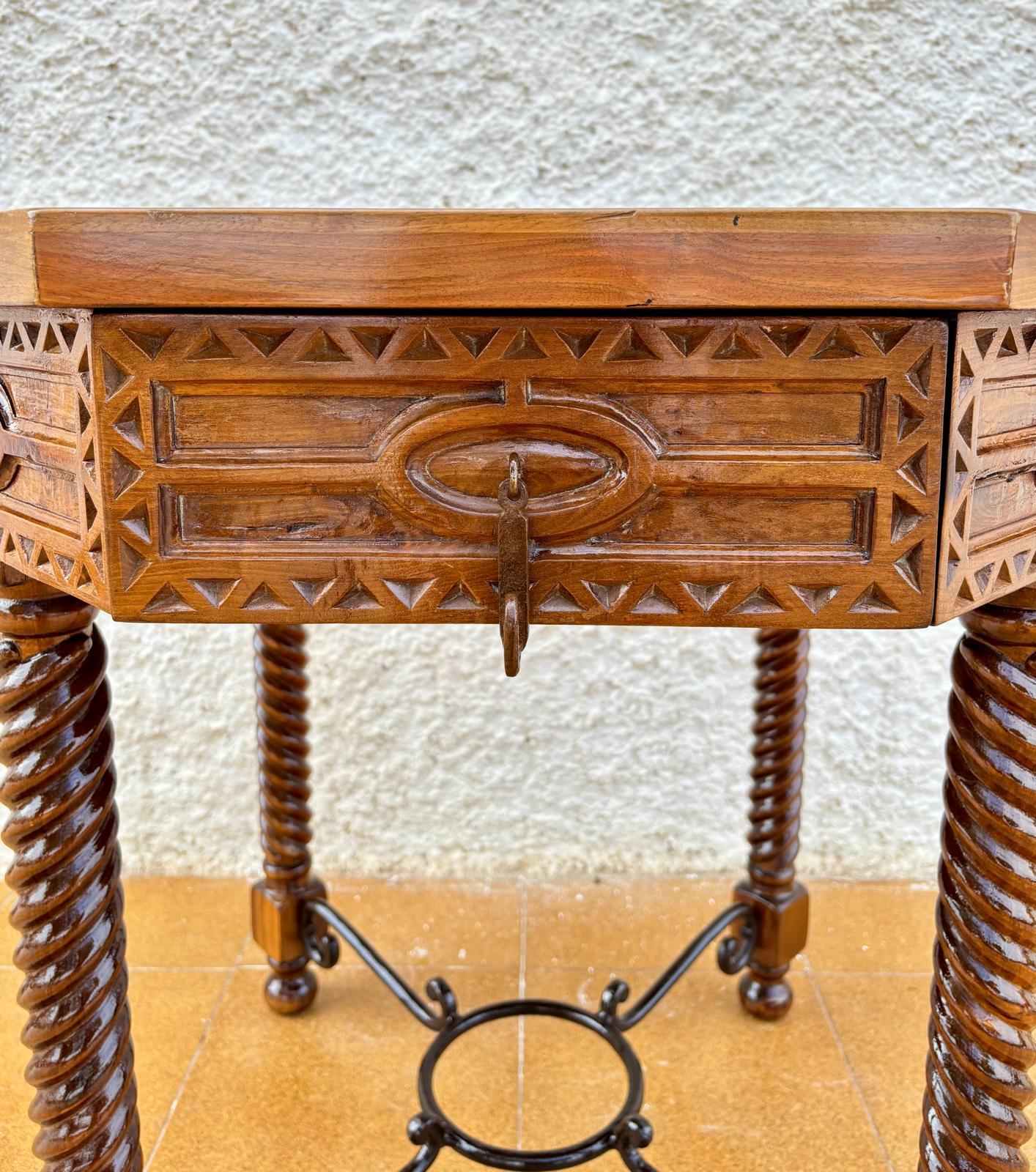 Antique Octogonal Burnt Oak Inlaid Games Table with Two Drawers and Turned Legs For Sale 11