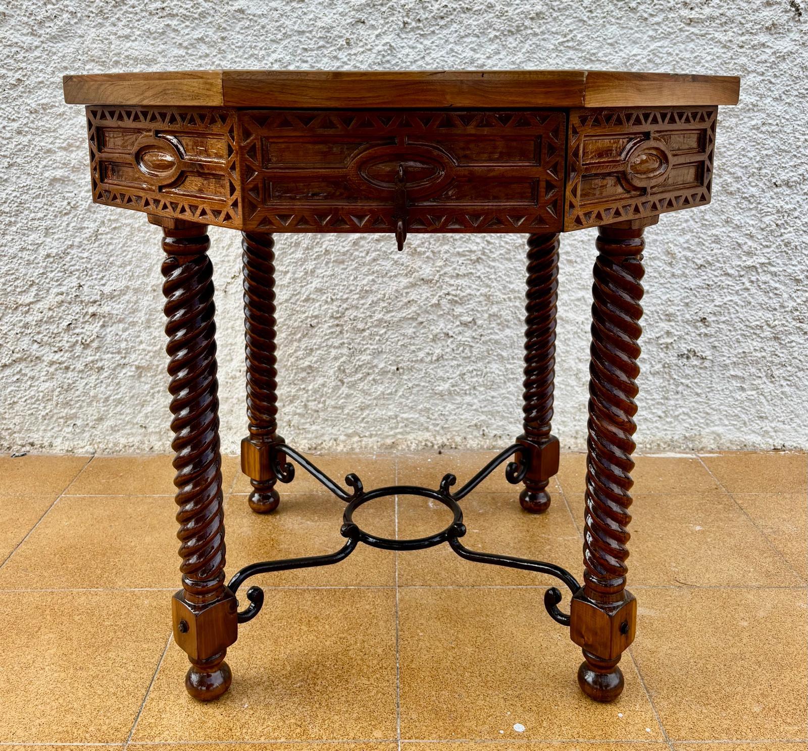 Spanish Colonial Antique Octogonal Burnt Oak Inlaid Games Table with Two Drawers and Turned Legs For Sale