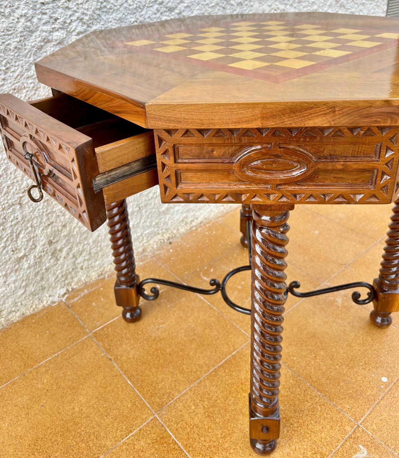 Spanish Antique Octogonal Burnt Oak Inlaid Games Table with Two Drawers and Turned Legs For Sale