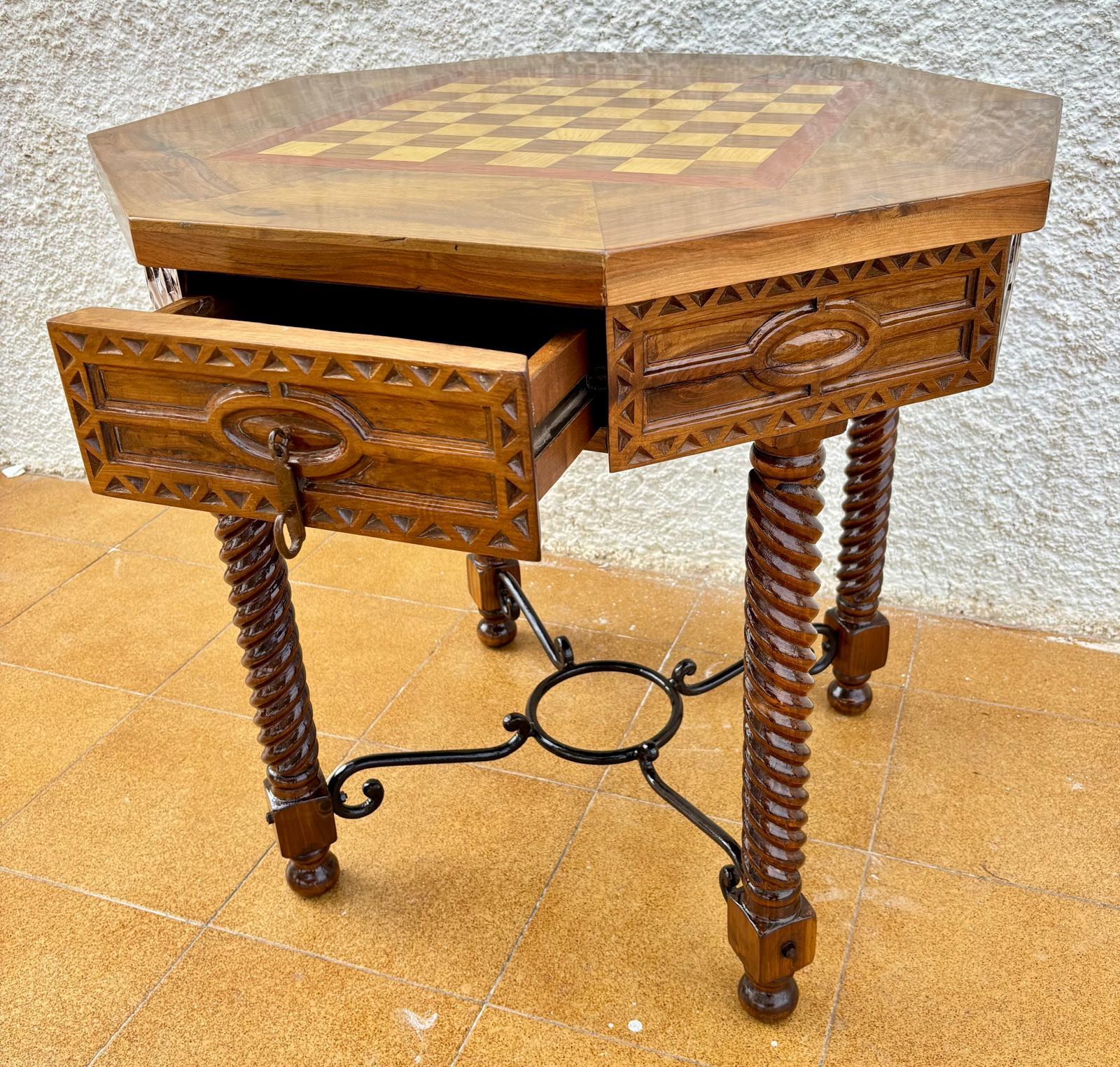 Antique Octogonal Burnt Oak Inlaid Games Table with Two Drawers and Turned Legs In Good Condition For Sale In Miami, FL