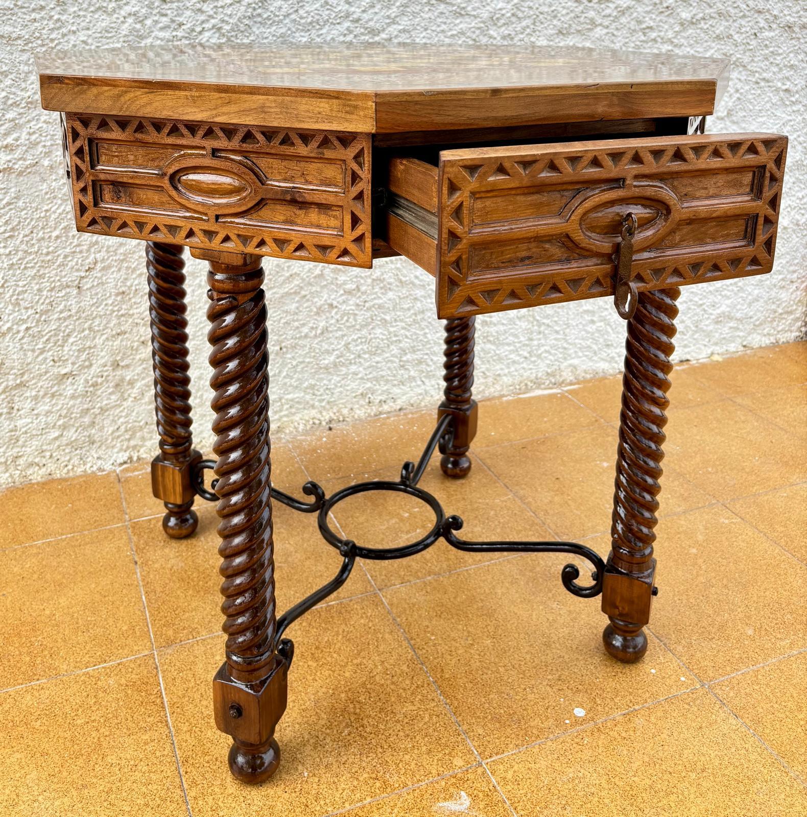 Walnut Antique Octogonal Burnt Oak Inlaid Games Table with Two Drawers and Turned Legs For Sale