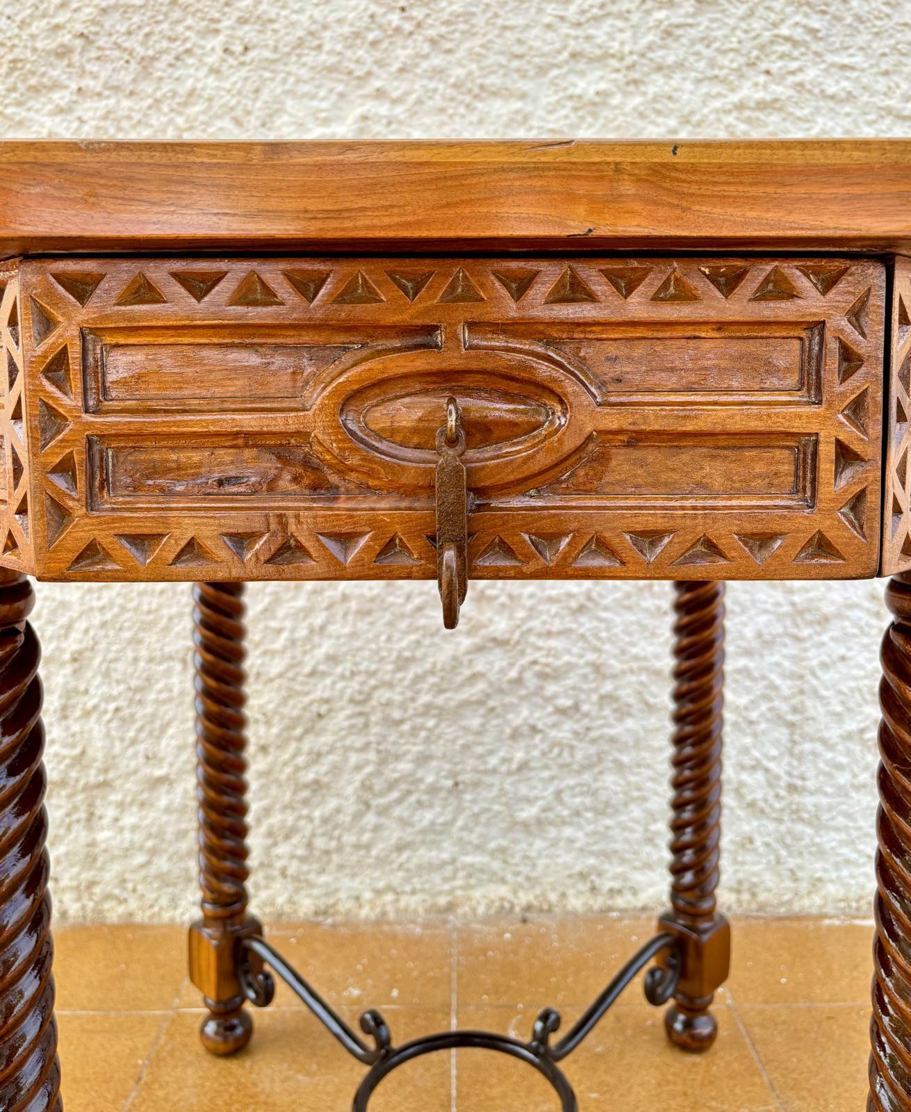 Antique Octogonal Burnt Oak Inlaid Games Table with Two Drawers and Turned Legs For Sale 1