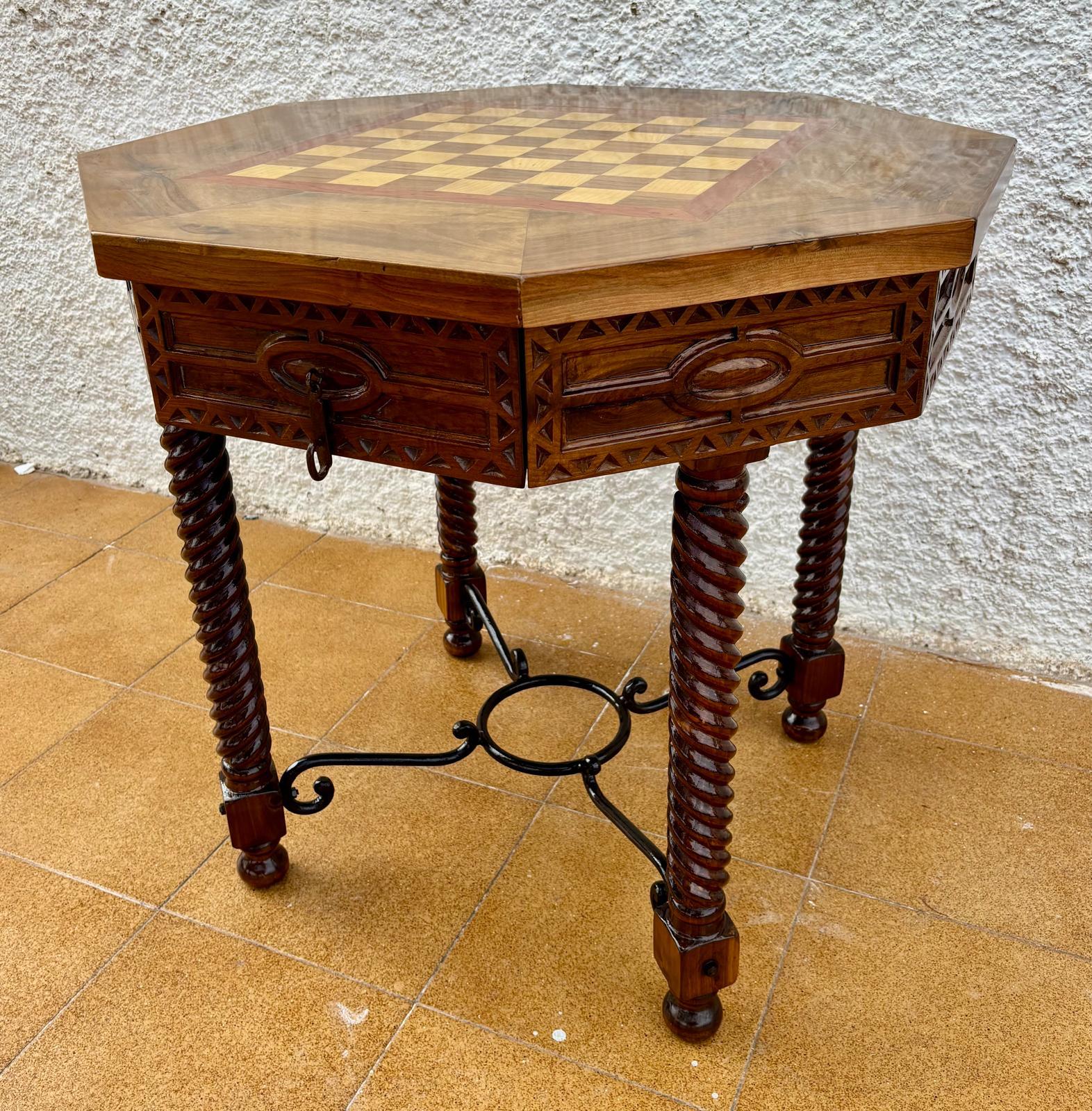 Antique Octogonal Burnt Oak Inlaid Games Table with Two Drawers and Turned Legs For Sale 2