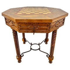 Antique Octogonal Burnt Oak Inlaid Games Table with Two Drawers and Turned Legs