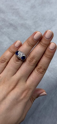 Antique OE Cut Diamond & Natural Sapphire Trilogy Ring Filigree Plat Size 5.75