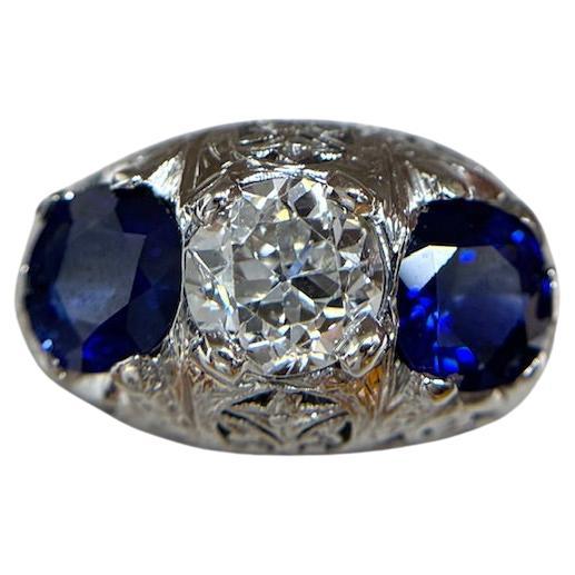 Antique OE Cut Diamond & Natural Sapphire Trilogy Ring Filigree Plat Size 5.75
