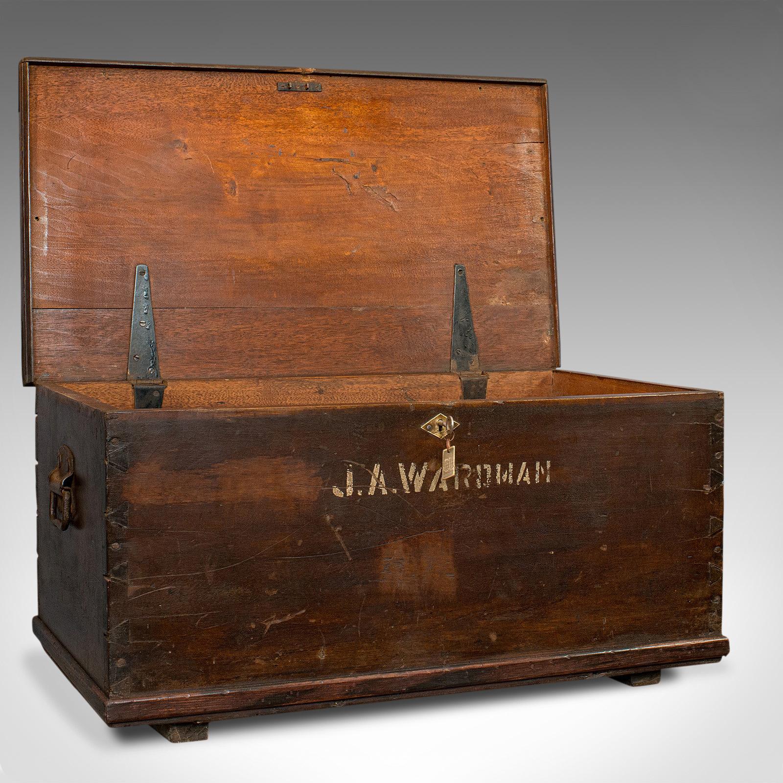 This is an antique officer's Campaign chest. An English, mahogany travelling trunk, dating to the late 19th century, circa 1880.

A fine example of Victorian Campaign furniture
Displays a desirable aged patina
Mahogany shows fine grain