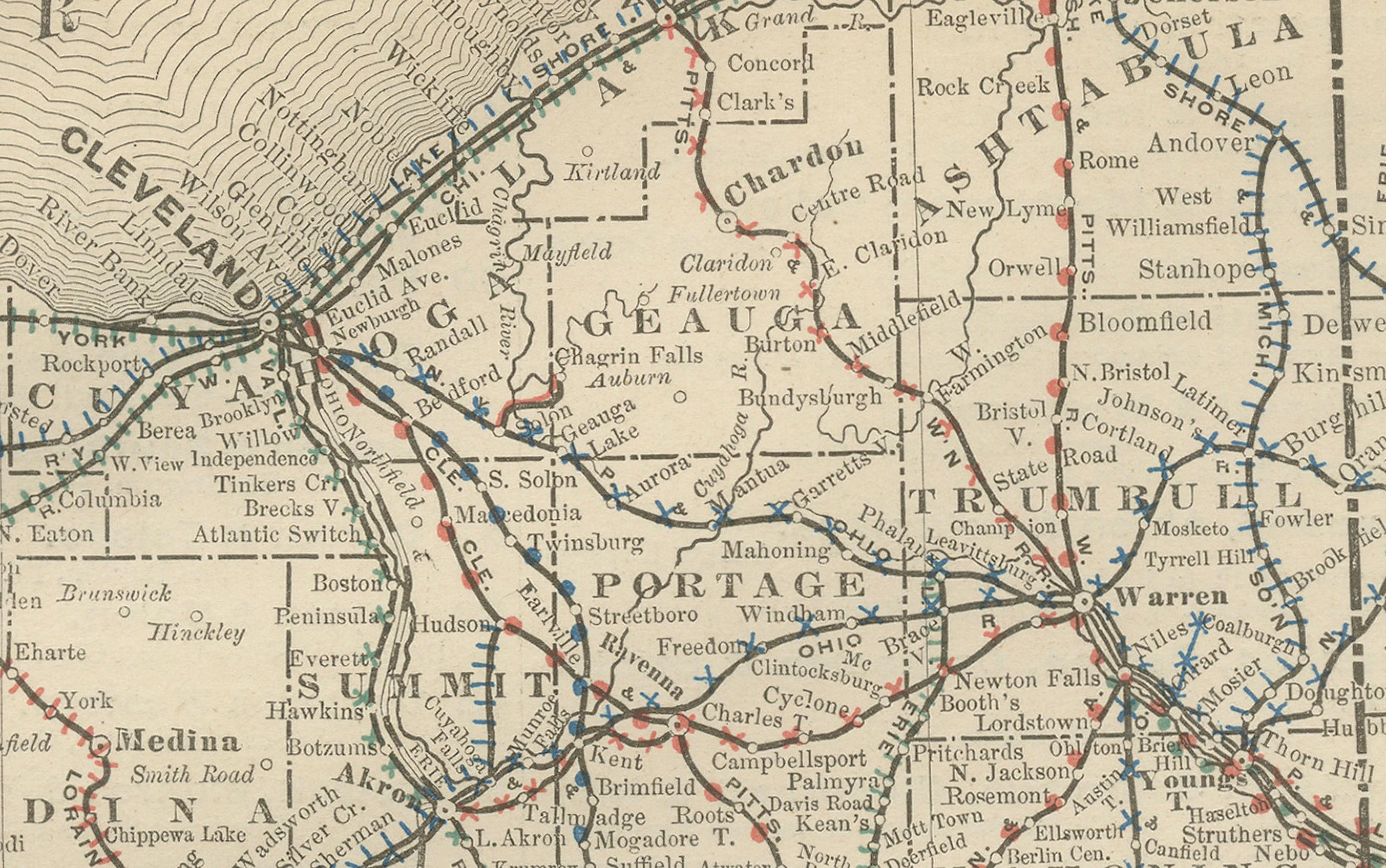 American Antique Ohio Map c.1888 – Buckeye State Railroads, Towns & Settlements For Sale