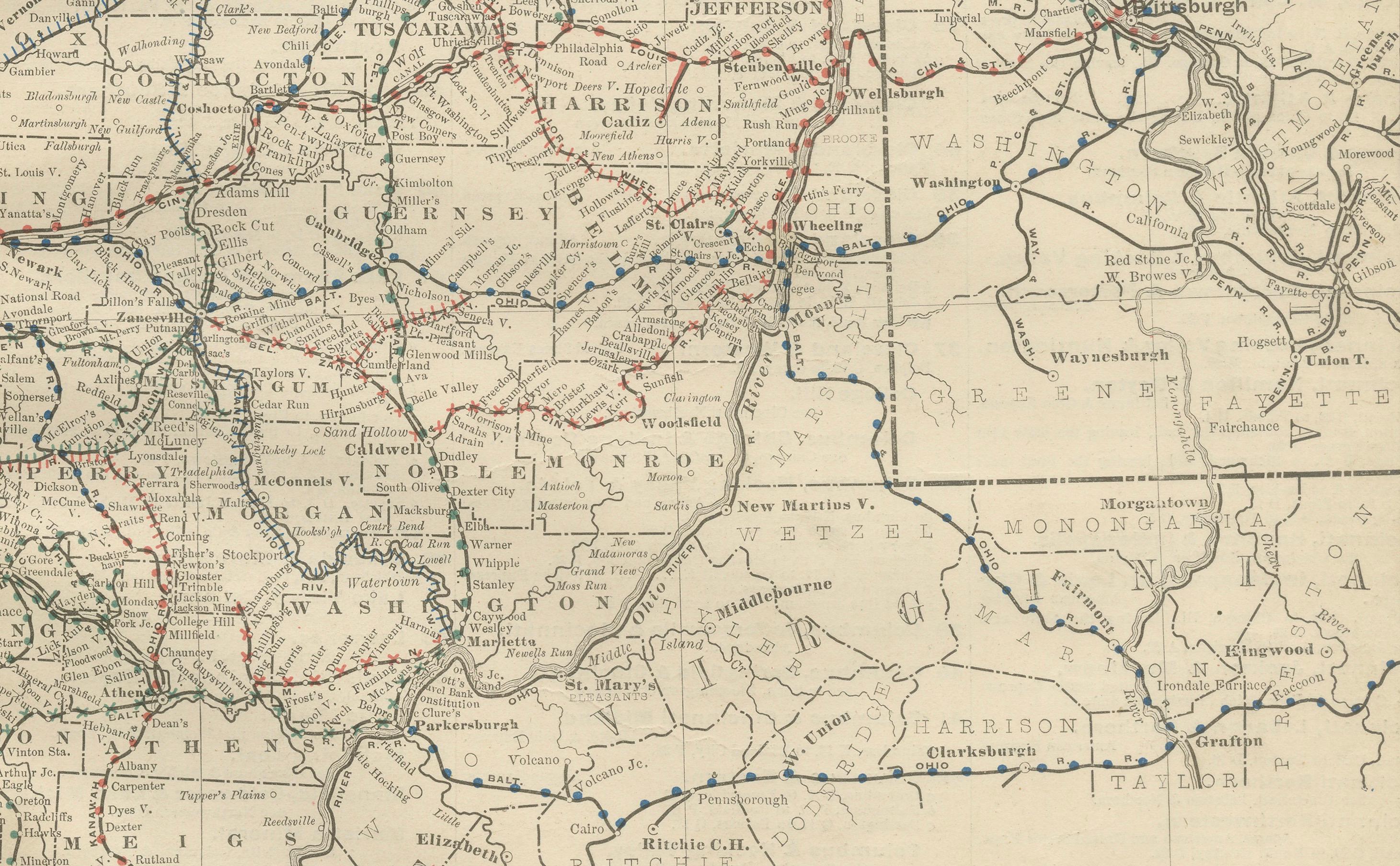 Engraved Antique Ohio Map c.1888 – Buckeye State Railroads, Towns & Settlements For Sale