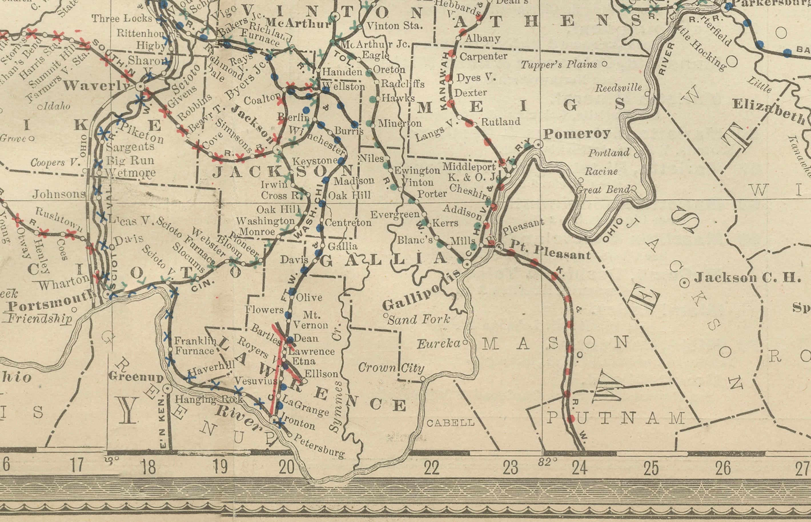 Antique Ohio Map c.1888 – Buckeye State Railroads, Towns & Settlements In Good Condition For Sale In Langweer, NL
