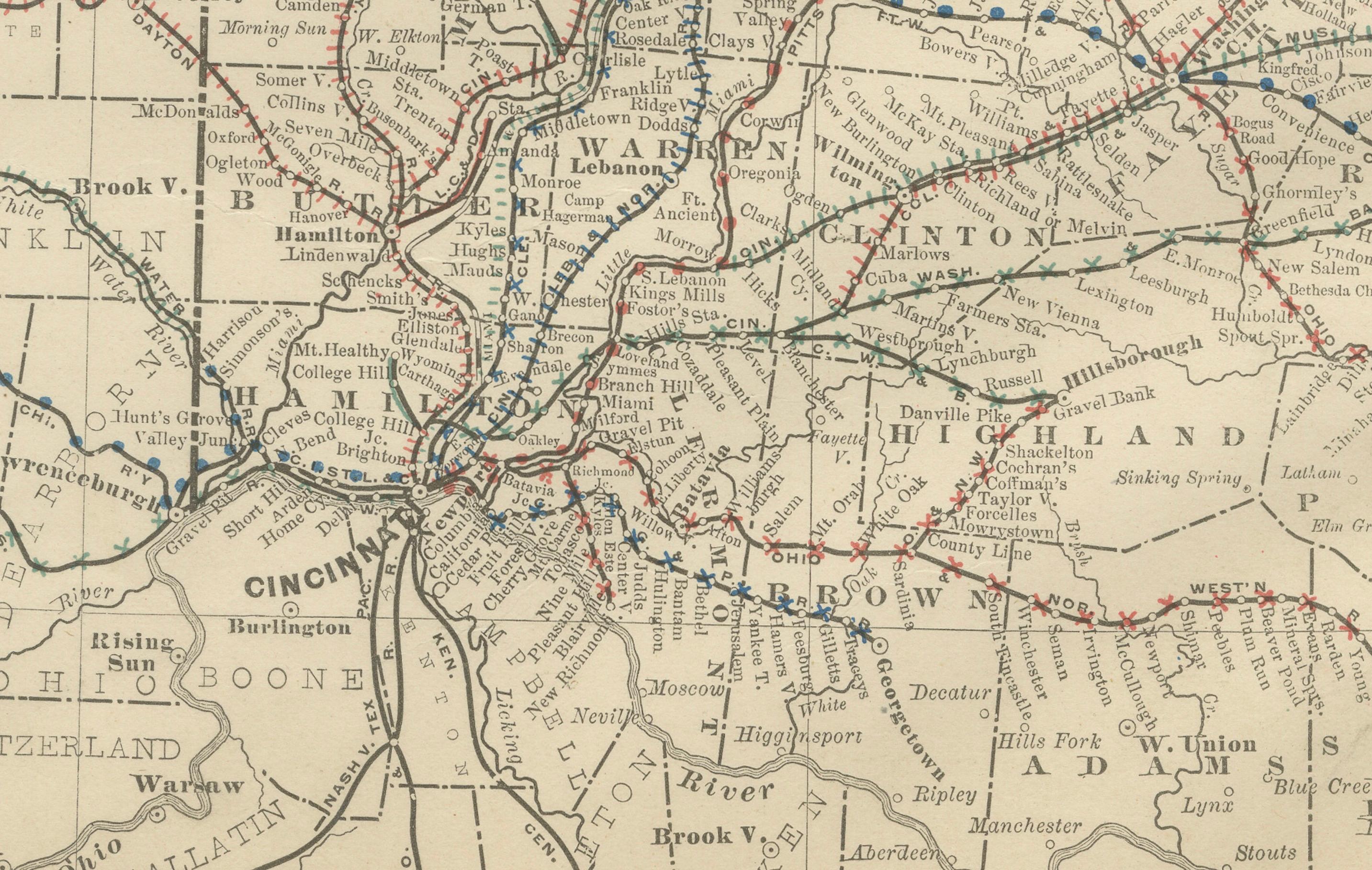 19th Century Antique Ohio Map c.1888 – Buckeye State Railroads, Towns & Settlements For Sale