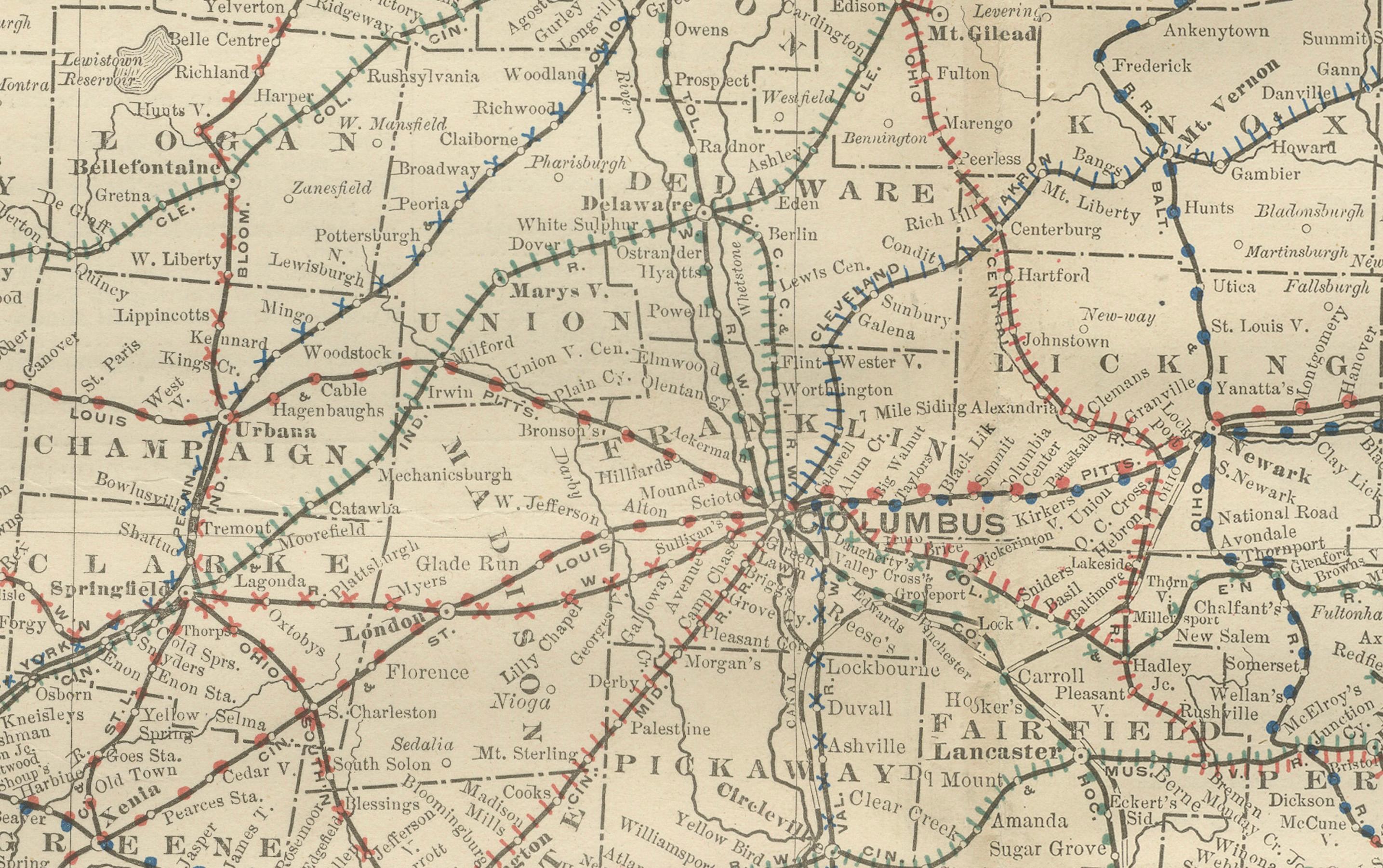 Paper Antique Ohio Map c.1888 – Buckeye State Railroads, Towns & Settlements For Sale