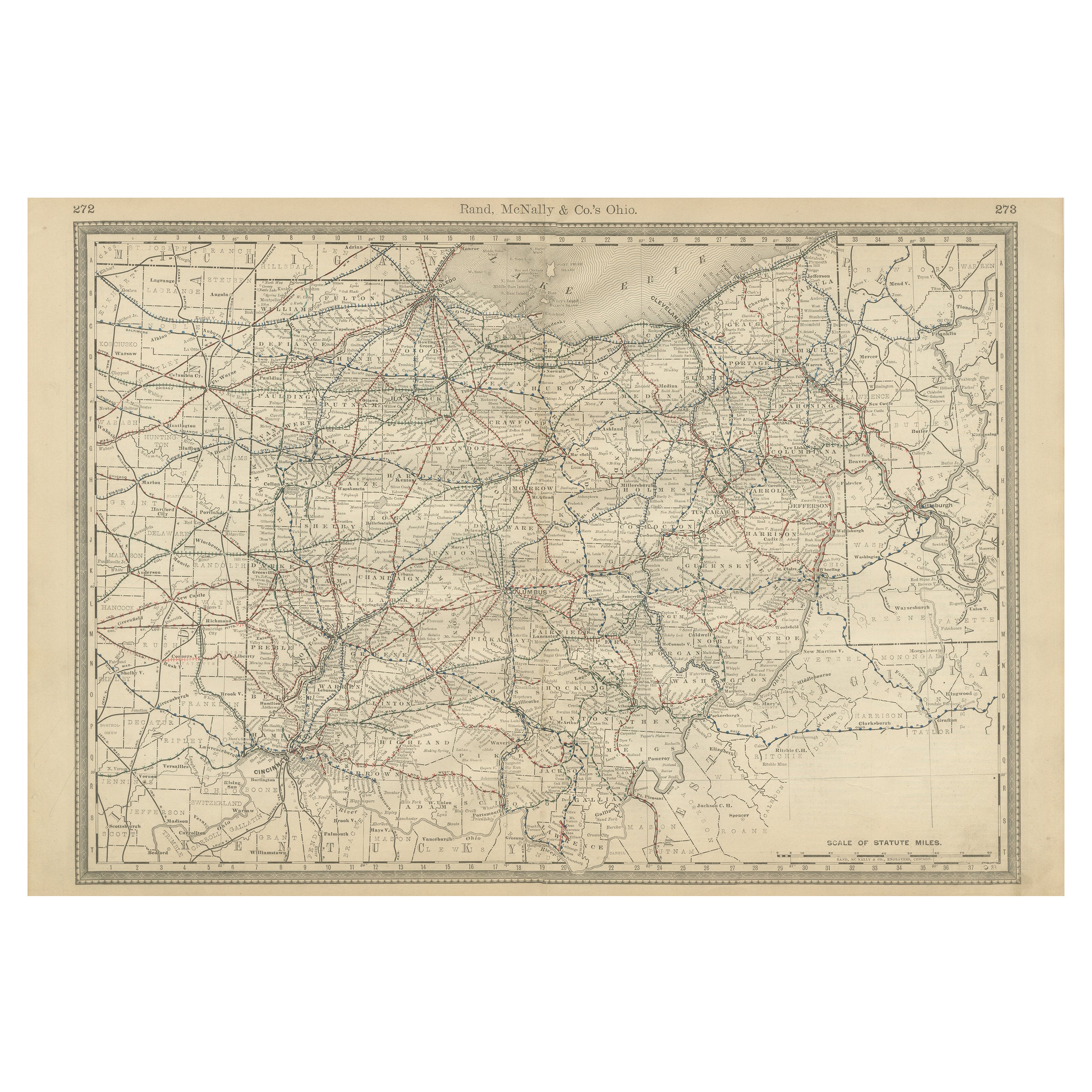 Antique Ohio Map c.1888 – Buckeye State Railroads, Towns & Settlements For Sale