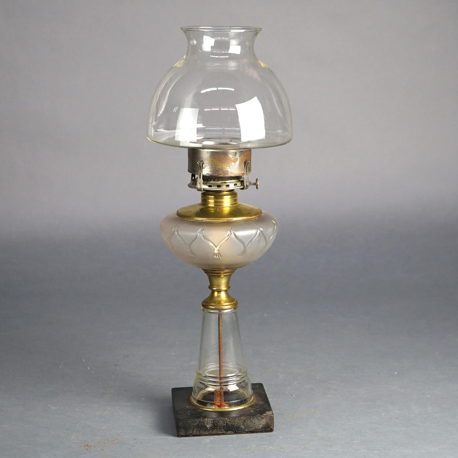19th Century Antique Oil Lamp with Glass Base & Shade C1890 For Sale