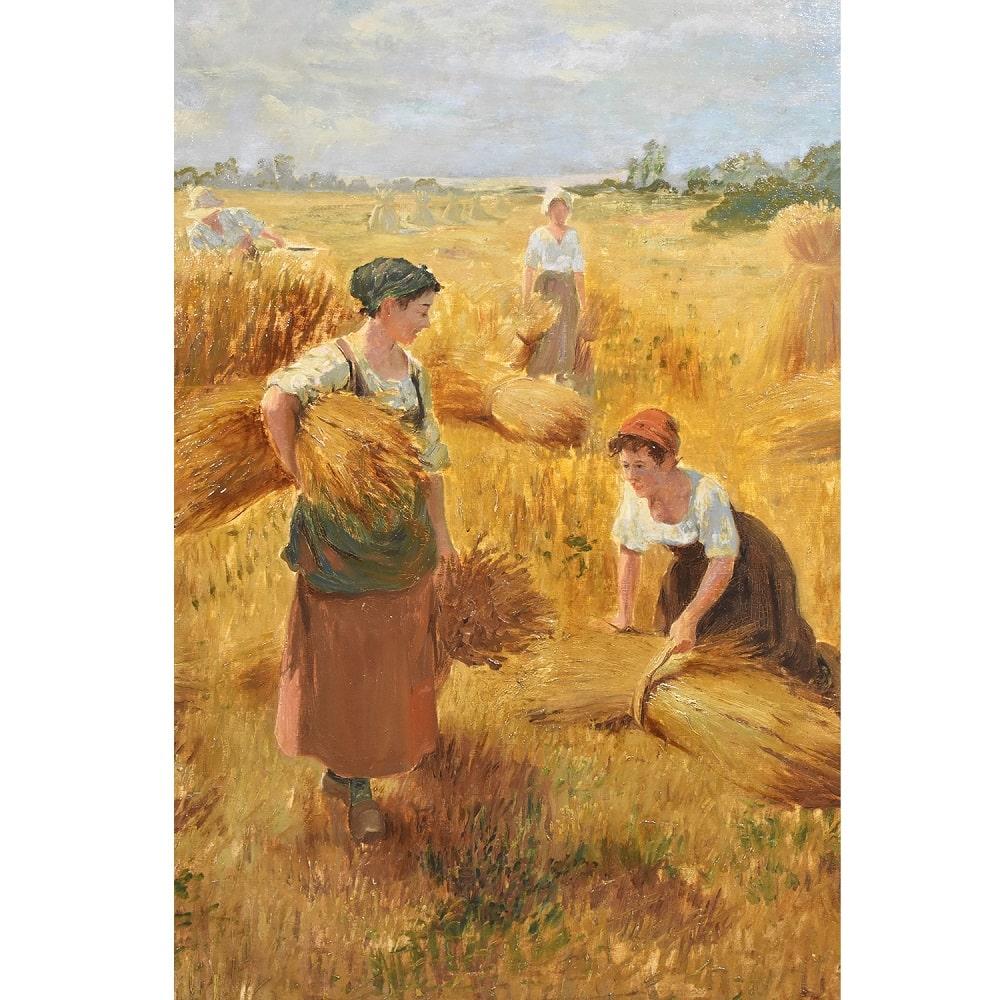 This is an antique Landscape Oil Painting with The Gleaners, XIXth Century. 19th Century.
This oil painting on canvas has an original gold leaf frame, original and coeval with the antique painting. 

It is an antique painting, from the XIX