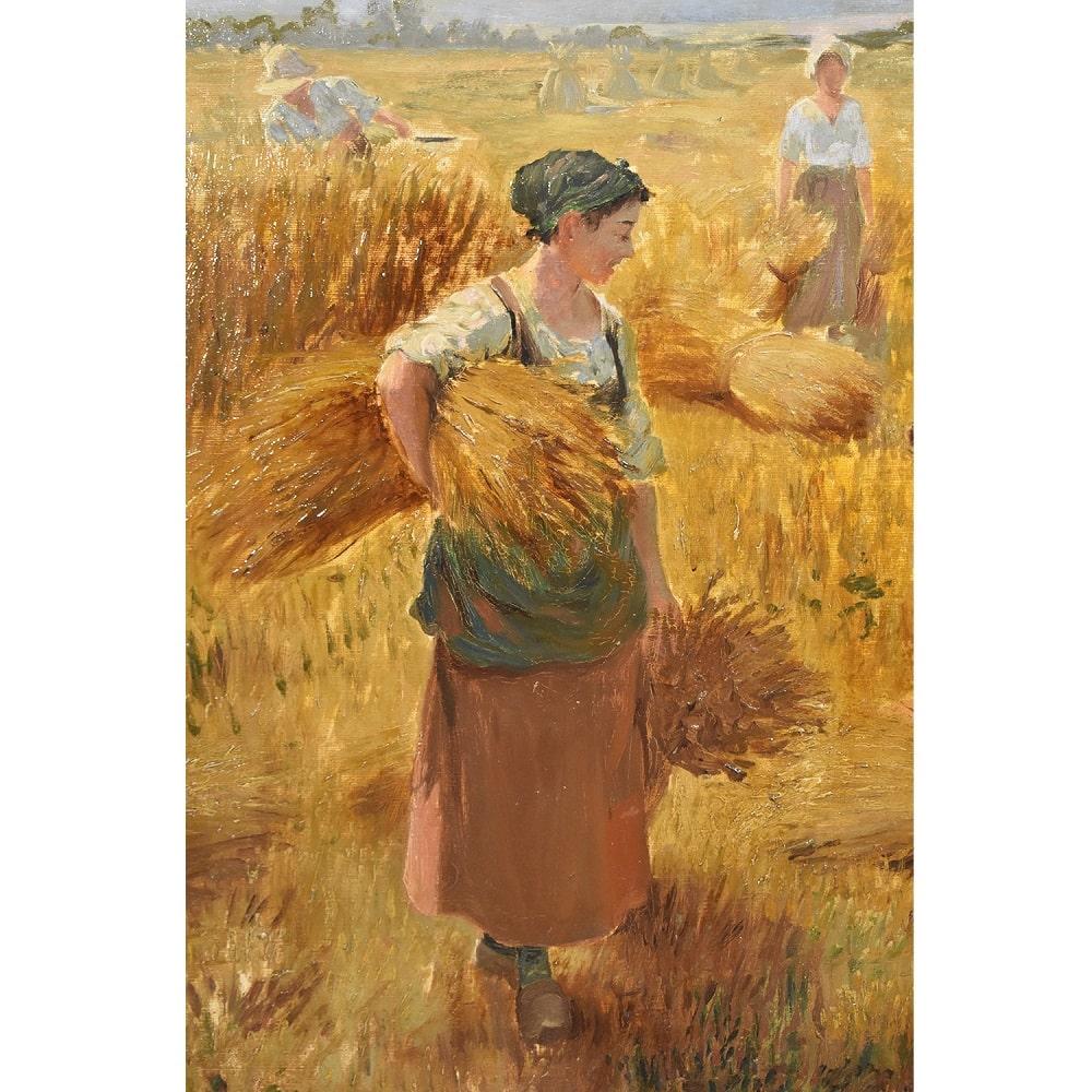 French Antique Oil Landscape Painting, The Gleaners, Oil on Canvas, XIX Century