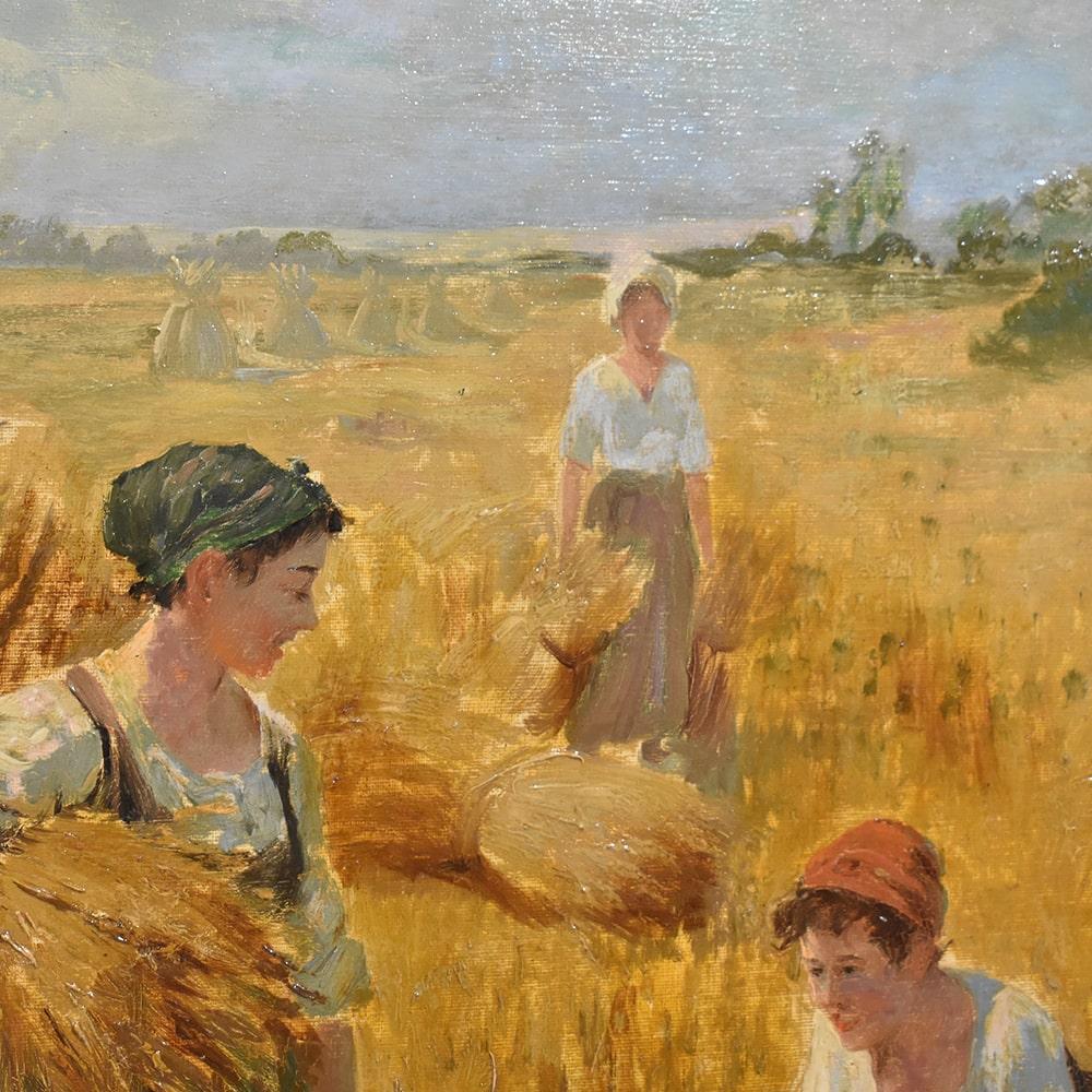 Painted Antique Oil Landscape Painting, The Gleaners, Oil on Canvas, XIX Century