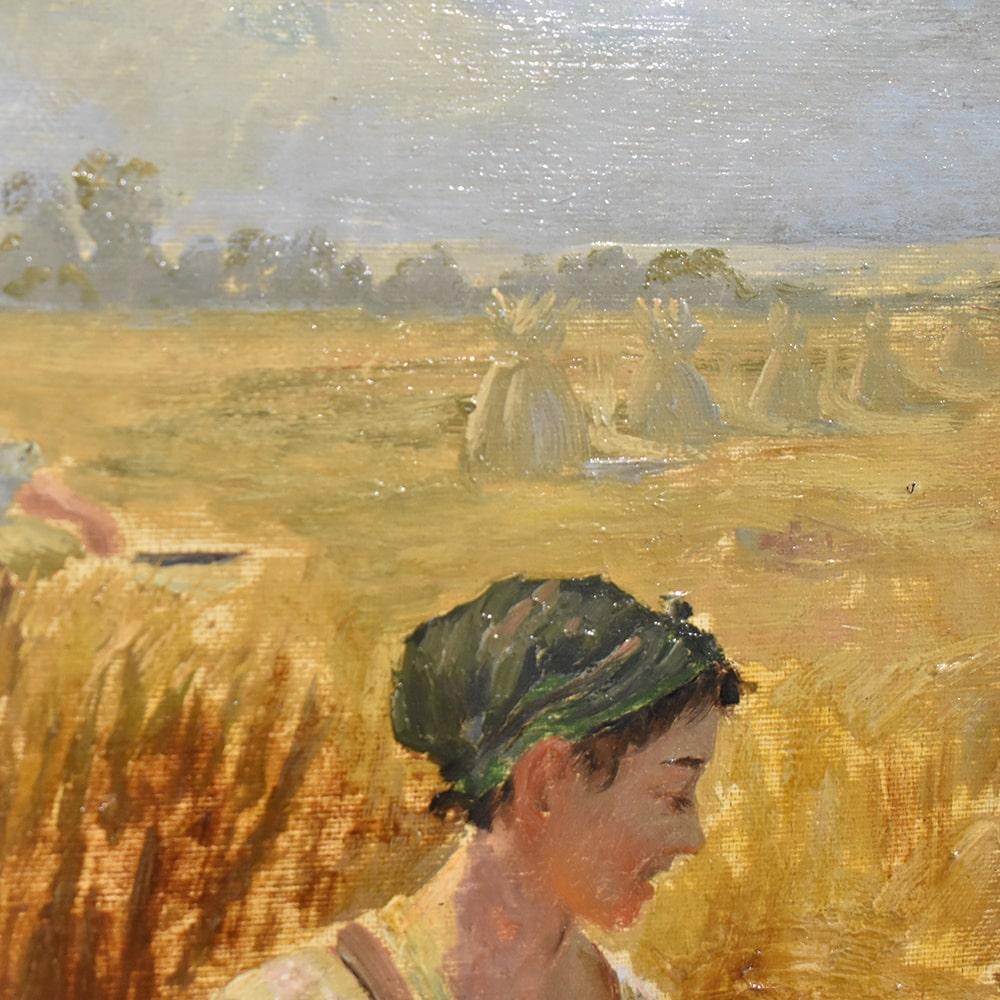 Antique Oil Landscape Painting, The Gleaners, Oil on Canvas, XIX Century In Good Condition In Breganze, VI