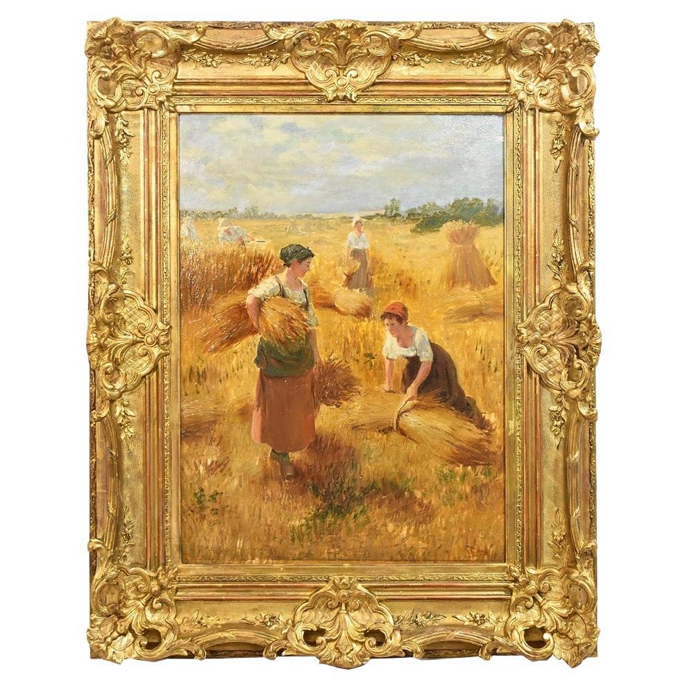 Antique Oil Landscape Painting, The Gleaners, Oil on Canvas, XIX Century