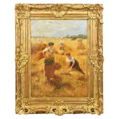 Antique Oil Landscape Painting, The Gleaners, Oil on Canvas, XIX Century