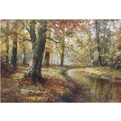 Paysage à l'huile ancien, Peinture à l'huile avec forêt, Huile sur toile, Art déco, 'QP394'