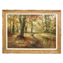 Antique Oil Landscape, Painting with Forest, Oil on Canvas, Art Deco, 'QP394'