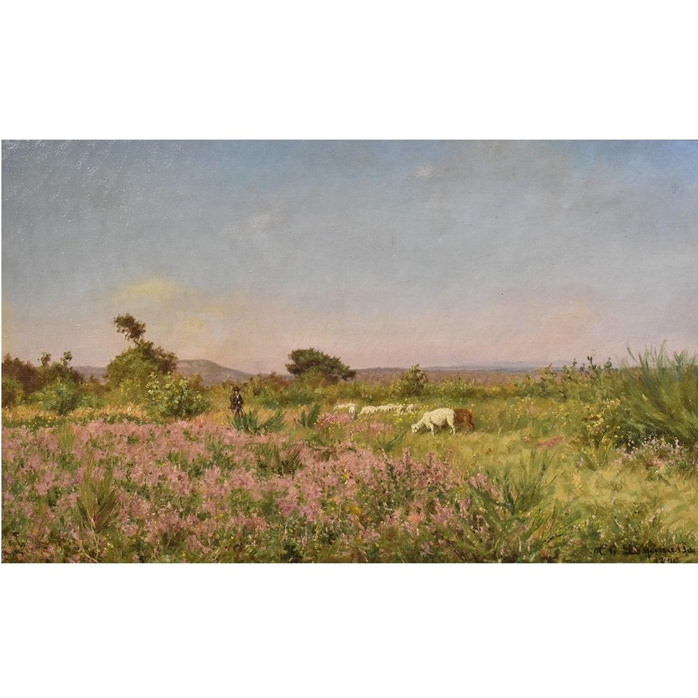 This is an antique landscape oil painting with sheep and shepherd, XIXth Century. 19th Century.
This oil painting on canvas has an original gold leaf frame, original and coeval with the antique painting. 

The ancient painting is signed by a